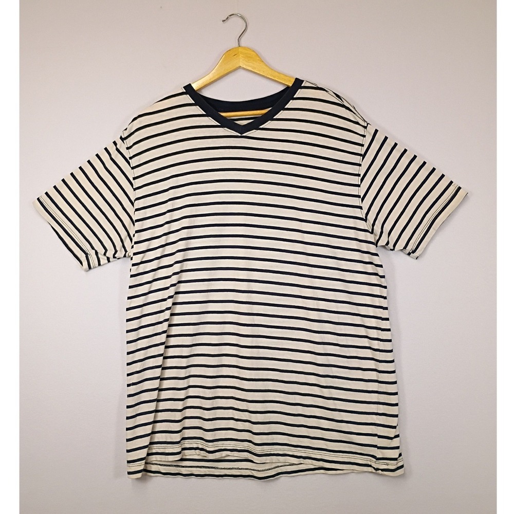 Nautical Striped Faded Glory Mens Large Cream Navy V-Neck Cotton T-Shirt